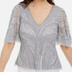 ADRIANNA PAPELL Beaded Flutter Top Silver Mist, Size 16, New/Tags/Embellishments